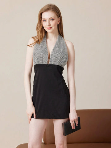 Backless Rhinestone Embedded Halter Neck Summer Dress