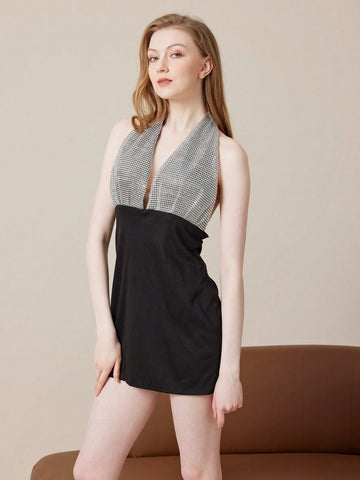 Backless Rhinestone Embedded Halter Neck Summer Dress