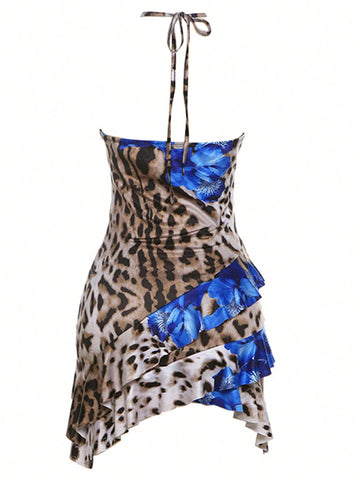 Backless Sexy Halter Neck Tied Leopard Print Contrast Lace Trim Bodycon Dress