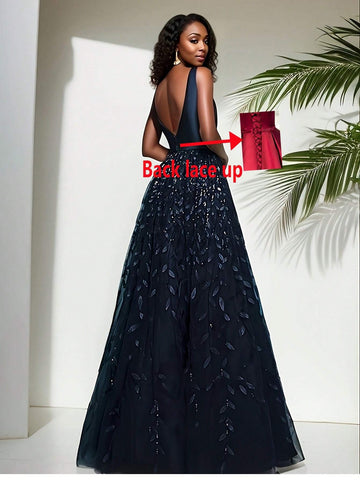 Backless Sleeveless Embroidered Mesh Ruffle Hem Dress