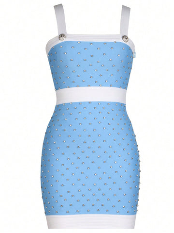 Backless Spaghetti Strap Pearl Embellished Bodycon Dress