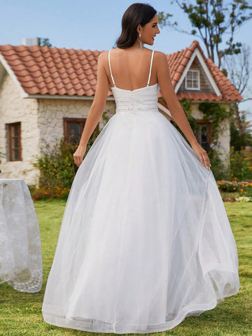 Backless Spaghetti Strap Sequin Wedding Dress