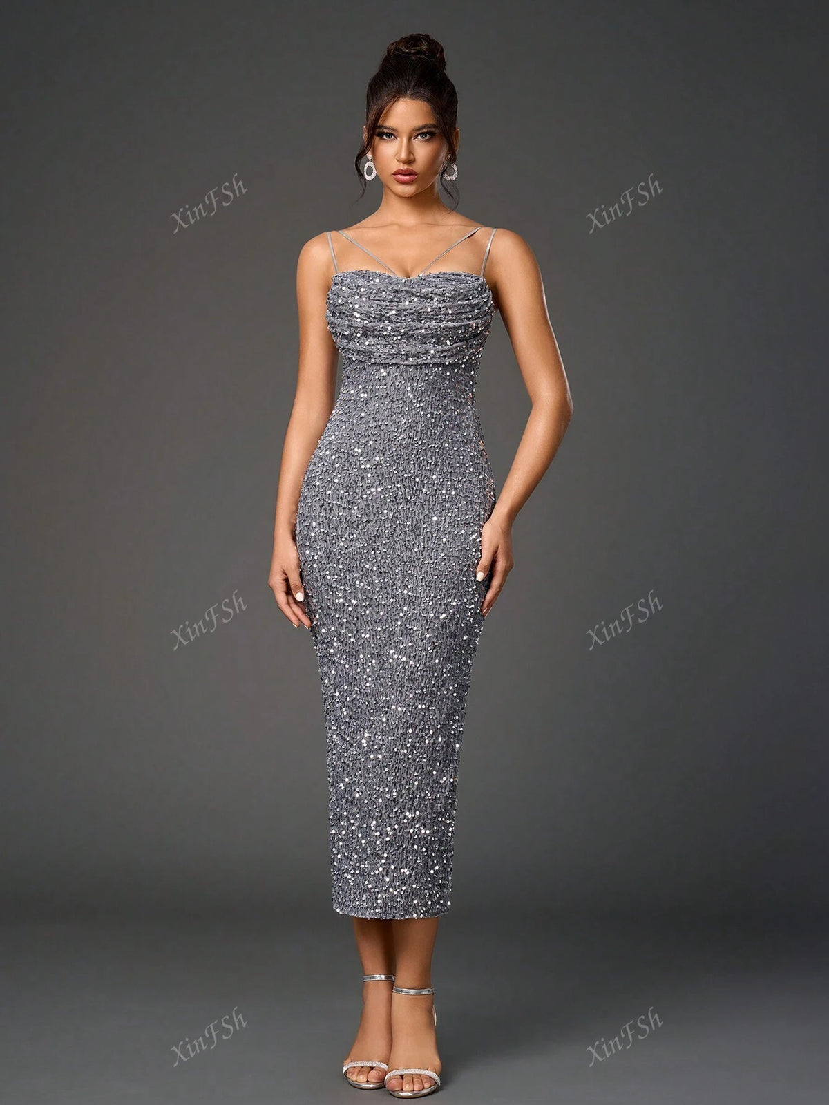 Backless Split Back Ruched Bodycon Sequin Women Cocktail Dresse