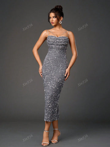 Backless Split Back Ruched Bodycon Sequin Women Cocktail Dresse