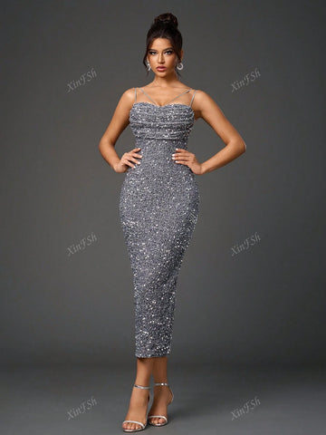 Backless Split Back Ruched Bodycon Sequin Women Cocktail Dresse