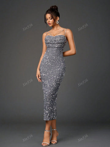 Backless Split Back Ruched Bodycon Sequin Women Cocktail Dresse