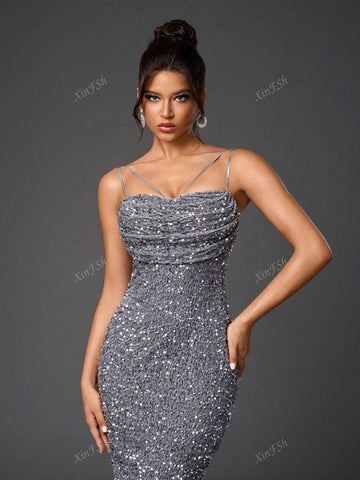 Backless Split Back Ruched Bodycon Sequin Women Cocktail Dresse