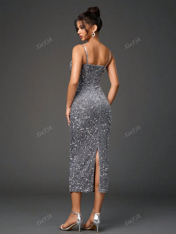 Backless Split Back Ruched Bodycon Sequin Women Cocktail Dresse
