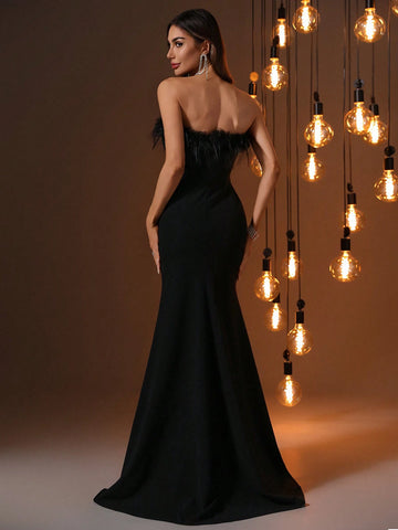 Backless Tube Top Feather Collar Top Fishbone Slim Thigh Slit Mermaid Hem Party Dress