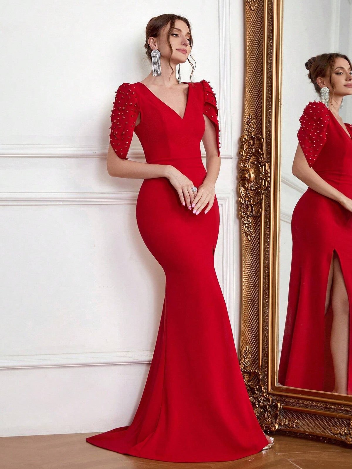 Backless V-Neck New Year's Eve Formal Gown, Fitted Beaded Elegant Dress With Train
