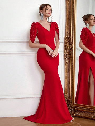 Backless V-Neck New Year's Eve Formal Gown, Fitted Beaded Elegant Dress With Train
