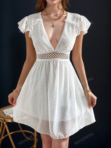 Backless V-Neck Lace Panel Tie-Back Solid Color Dress