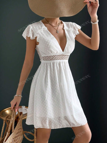 Backless V-Neck Lace Panel Tie-Back Solid Color Dress
