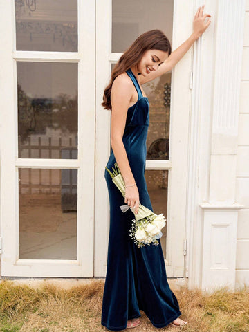 Backless Velvet Halter Neck Bridesmaid Dress
