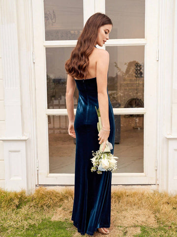 Backless Velvet Halter Neck Bridesmaid Dress