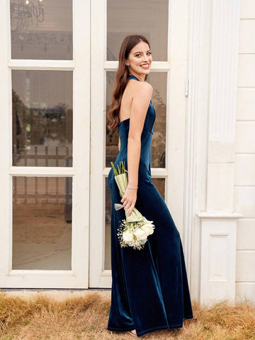 Backless Velvet Halter Neck Bridesmaid Dress