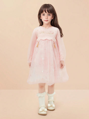 Balabala Balabala Girls' Chinese-Style Mesh Dress, Elegant Springwear For Young Girl