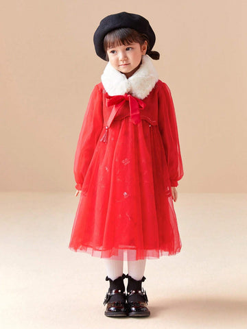Balabala Balabala Girls' Chinese-Style Mesh Dress, Elegant Springwear For Young Girl