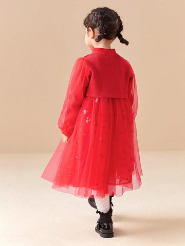 Balabala Balabala Girls' Chinese-Style Mesh Dress, Elegant Springwear For Young Girl