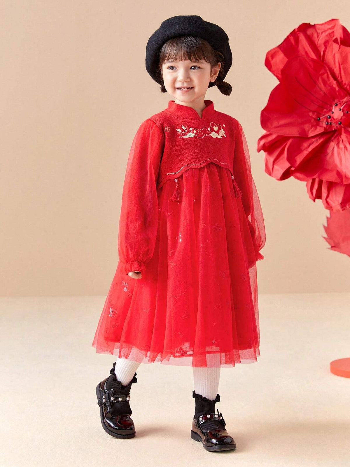 Balabala Balabala Girls' Chinese-Style Mesh Dress, Elegant Springwear For Young Girl