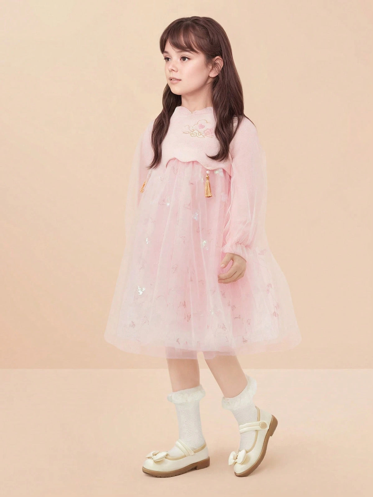 Balabala Balabala Girls' Chinese-Style Mesh Dress, Elegant Springwear For Young Girl