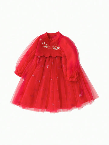 Balabala Balabala Girls' Chinese-Style Mesh Dress, Elegant Springwear For Young Girl