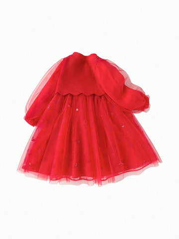 Balabala Balabala Girls' Chinese-Style Mesh Dress, Elegant Springwear For Young Girl