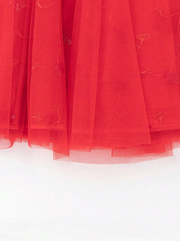 Balabala Balabala Girls' Chinese-Style Mesh Dress, Elegant Springwear For Young Girl