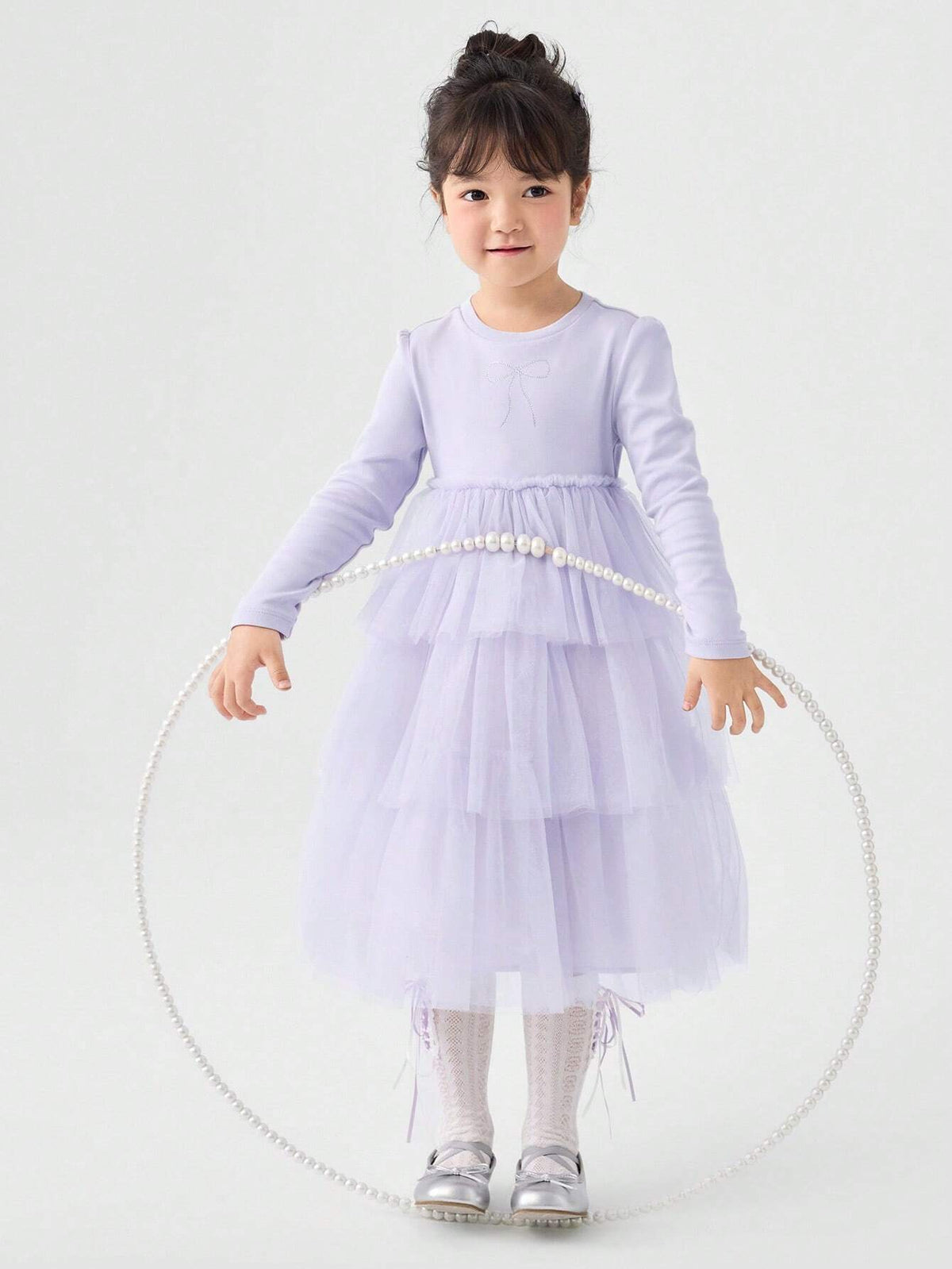 Balabala Girls' Dress, 2024 Autumn Collection, Trendy Long Sleeve Mesh Dress For Toddlers