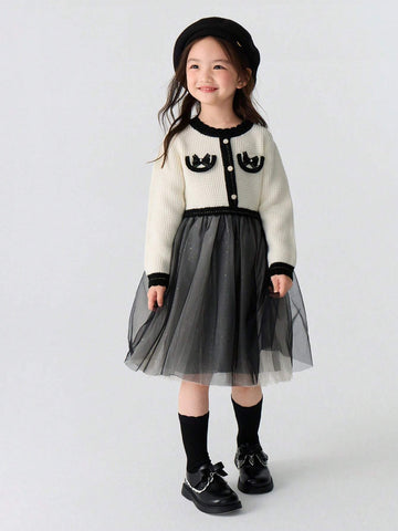 Balabala Balabala Girls' Dress Stylish Princess Dress Autumn Winter Young Girl' Patchwork Mesh Dress