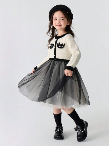 Balabala Balabala Girls' Dress Stylish Princess Dress Autumn Winter Young Girl' Patchwork Mesh Dress