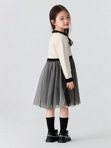 Balabala Balabala Girls' Dress Stylish Princess Dress Autumn Winter Young Girl' Patchwork Mesh Dress