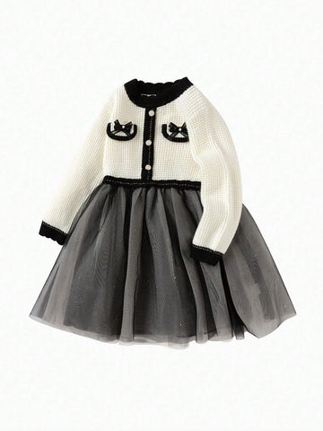 Balabala Balabala Girls' Dress Stylish Princess Dress Autumn Winter Young Girl' Patchwork Mesh Dress