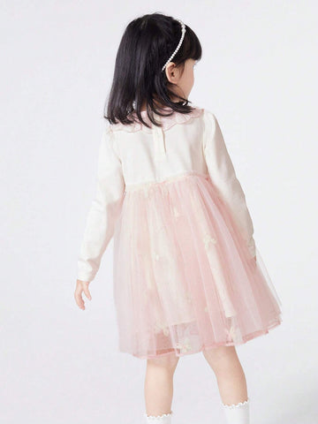Balabala Girls' Dress, Sweet And Delicate Embroidered Mesh Skirt For Autumn, Lovely Young Girl' Outfit