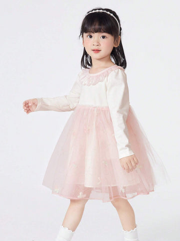 Balabala Girls' Dress, Sweet And Delicate Embroidered Mesh Skirt For Autumn, Lovely Young Girl' Outfit
