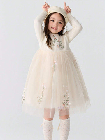 Balabala Balabala Girls' Embroidered Tulle Dress Elegant Autumn/Winter Princess Dress
