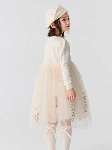 Balabala Balabala Girls' Embroidered Tulle Dress Elegant Autumn/Winter Princess Dress