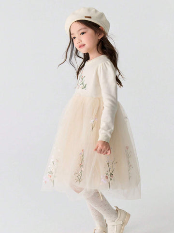 Balabala Balabala Girls' Embroidered Tulle Dress Elegant Autumn/Winter Princess Dress