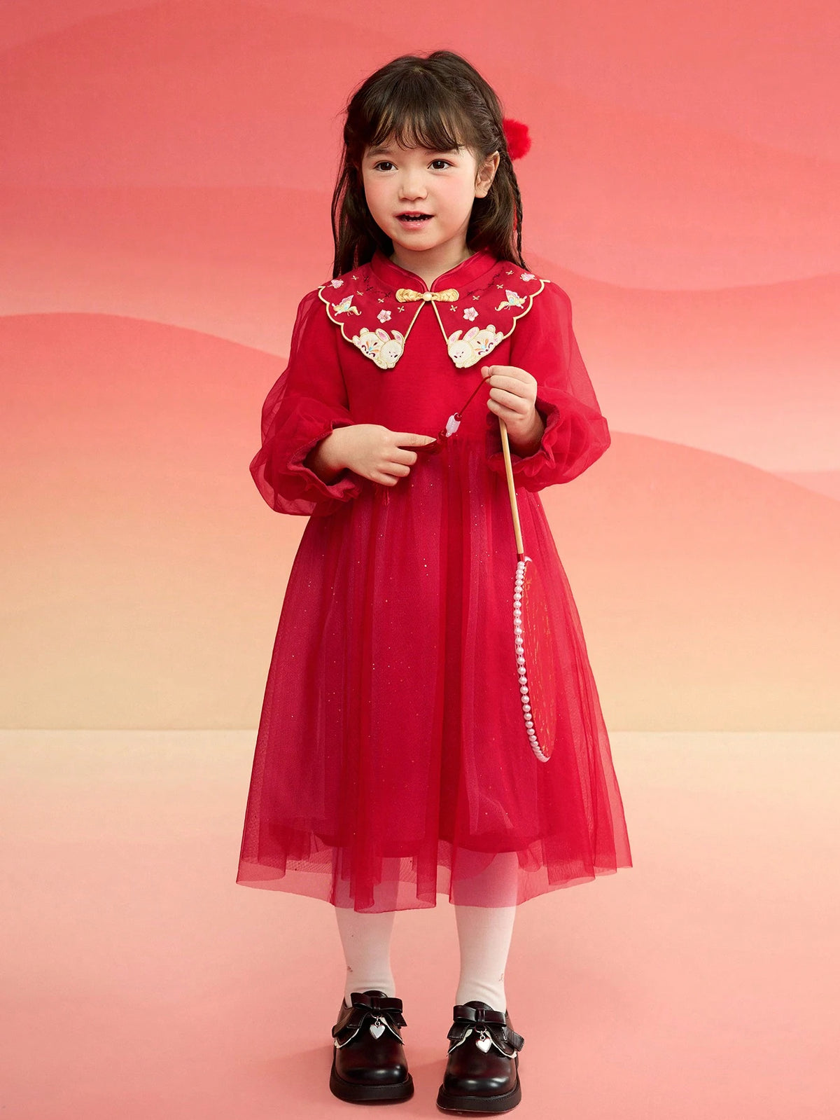Balabala Girls' Knit Dress, Red Tulle Princess Outfit, 2025 New Year Style