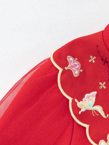 Balabala Girls' Knit Dress, Red Tulle Princess Outfit, 2025 New Year Style