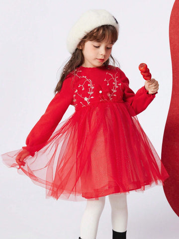 Balabala Balabala Girls' Mesh Princess Dress, 2025 New Year Chinese-Style Outfit