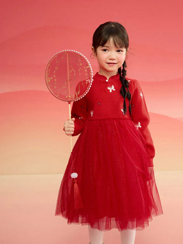 Balabala Balabala Girls' Princess Dress, 2025 Spring New Year With Tulle