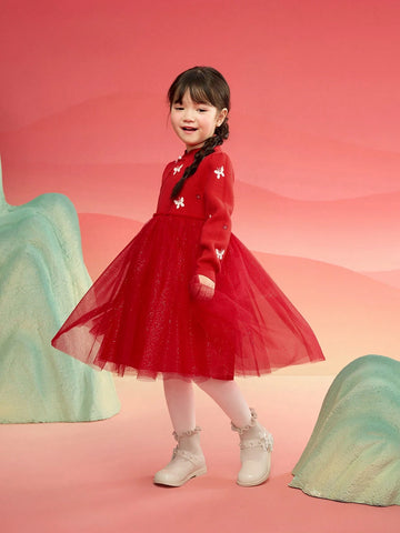 Balabala Balabala Girls' Princess Dress, 2025 Spring New Year With Tulle