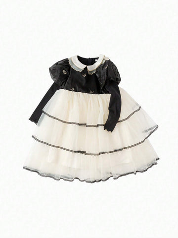 Balabala Balabala Girls' Princess Dress, Autumn Dress For Young Girl, Elegant Bubble Sleeve Cake Dress With Mesh Skirt