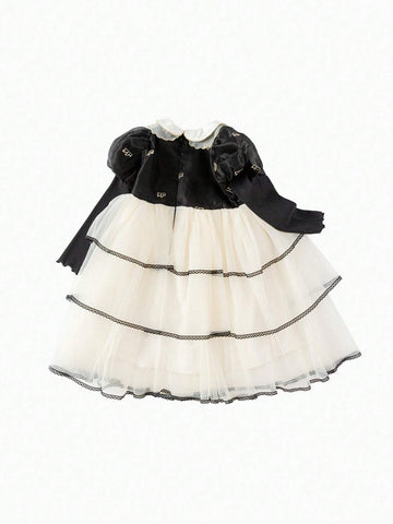 Balabala Balabala Girls' Princess Dress, Autumn Dress For Young Girl, Elegant Bubble Sleeve Cake Dress With Mesh Skirt