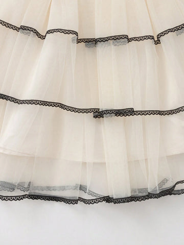 Balabala Balabala Girls' Princess Dress, Autumn Dress For Young Girl, Elegant Bubble Sleeve Cake Dress With Mesh Skirt