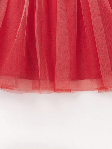 Balabala Balabala Girls' Red Dress, Faux Two-Piece Chinese-Style Mesh Gown, New Year