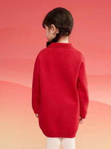 Balabala Balabala Girls' Red Knit Dress, 2025 Embroidered Spring New Year Outfit