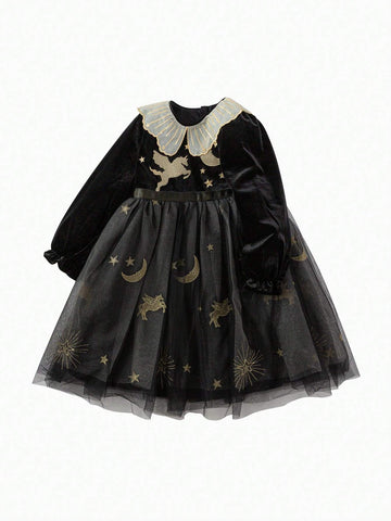 Balabala Balabala Girls' Velvet Princess Dress Embroidered Tulle Dress, Autumn/Winter