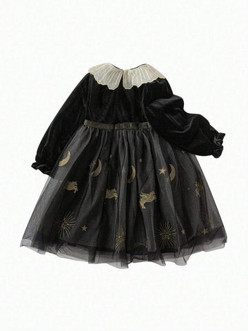 Balabala Balabala Girls' Velvet Princess Dress Embroidered Tulle Dress, Autumn/Winter